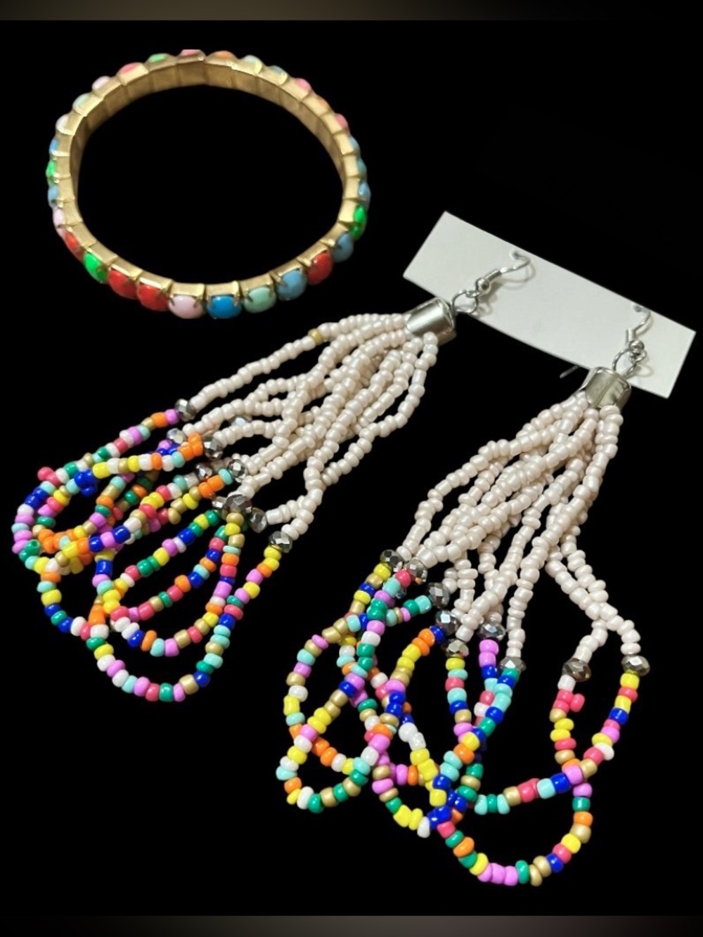 Colorful Boho Beaded Jewelry Set Long Beaded Dangle Earrings & Stretch Bracelet